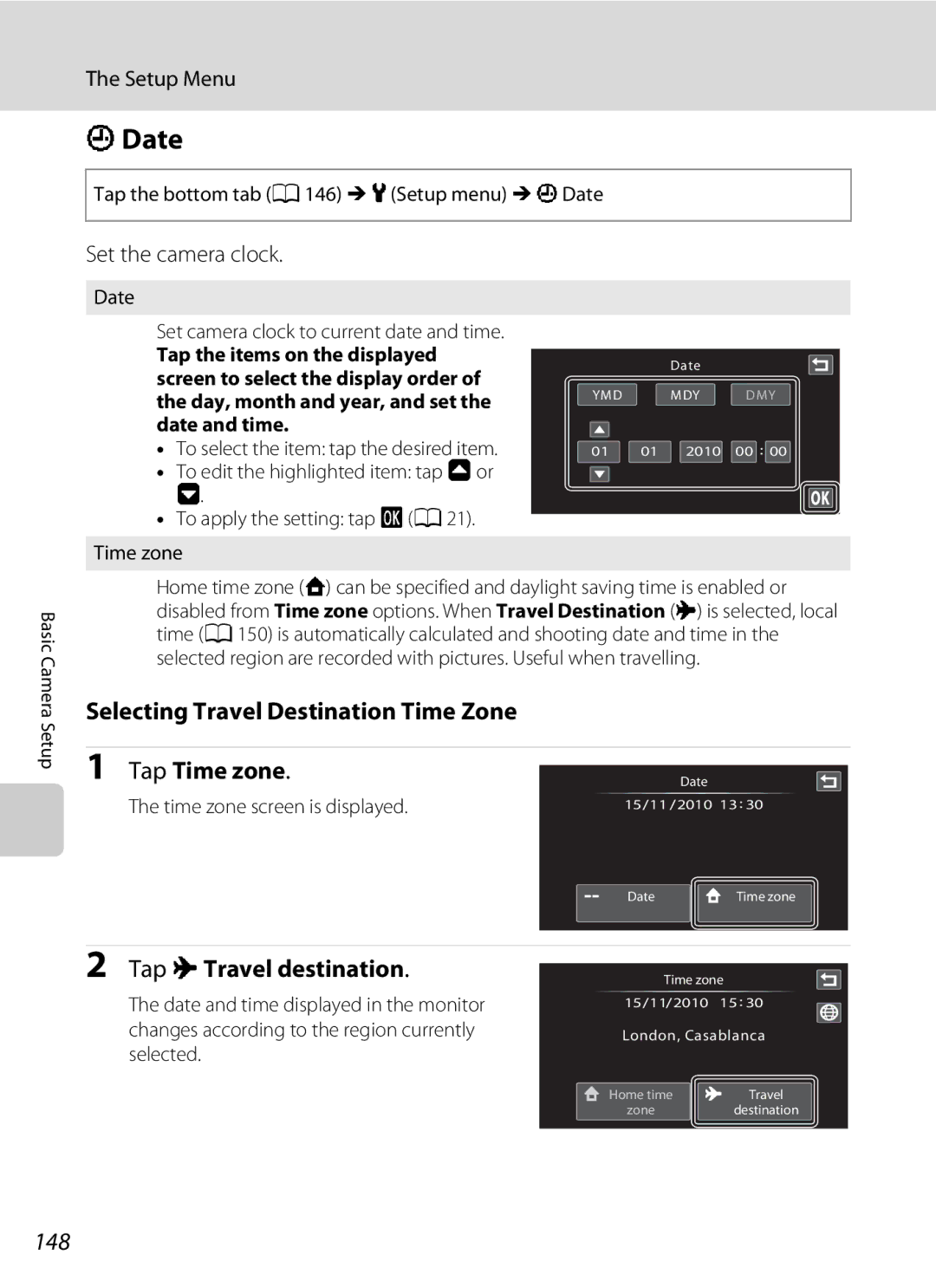 Nikon COOLPIXS80BK Date, Selecting Travel Destination Time Zone, Tap xTravel destination, 148, Set the camera clock 