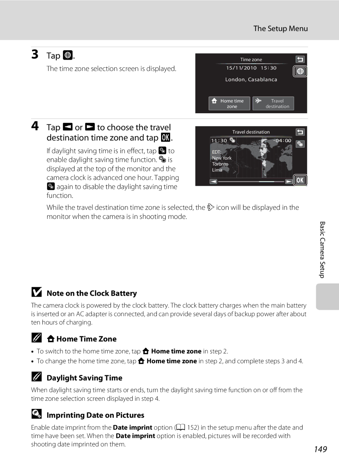 Nikon COOLPIXS80BK, COOLPIXS80BLUE Tap Eor Fto choose the travel destination time zone and tap, 149, WHome Time Zone 