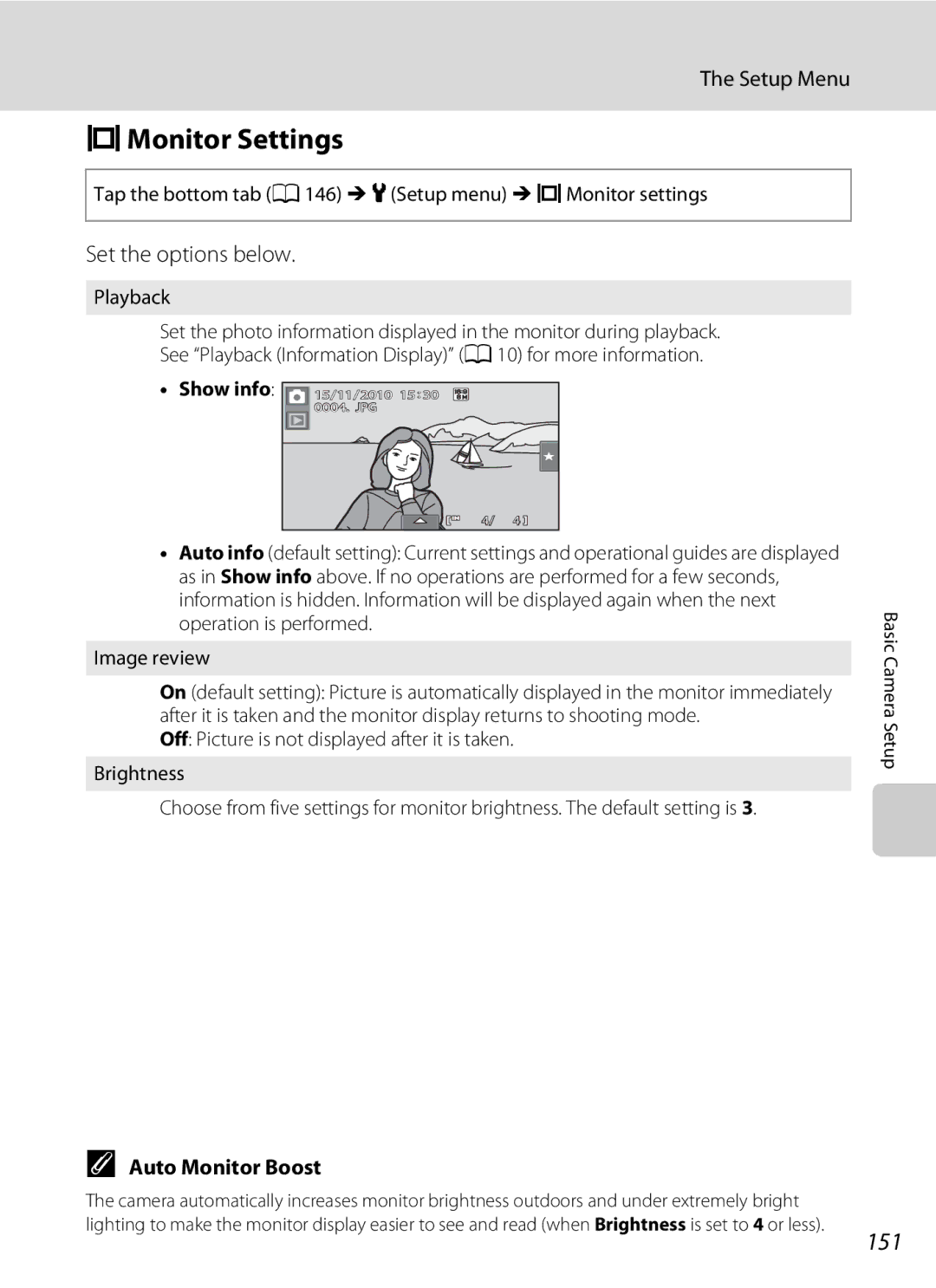 Nikon COOLPIXS80RD, COOLPIXS80BK, COOLPIXS80BLUE, COOLPIXS80SIL user manual EMonitor Settings, 151, Set the options below 