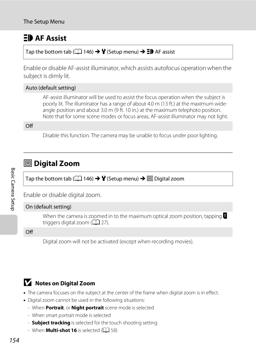 Nikon COOLPIXS80BK, COOLPIXS80BLUE, COOLPIXS80RD user manual HAF Assist, UDigital Zoom, 154, Enable or disable digital zoom 
