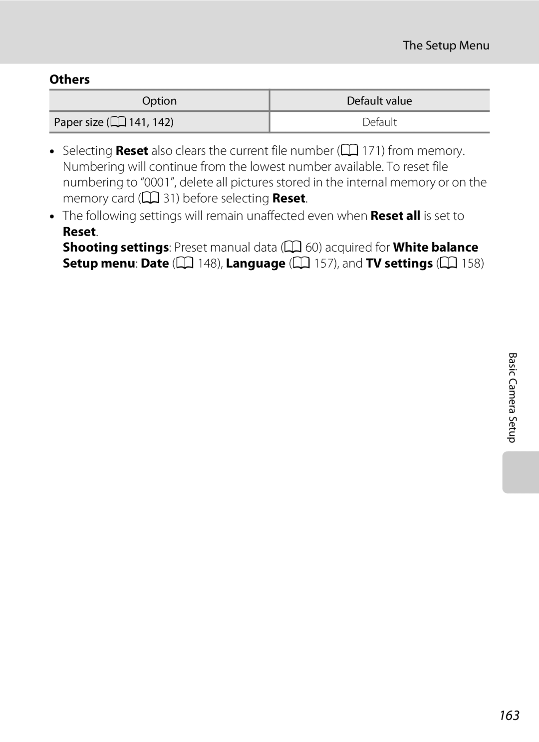 Nikon COOLPIXS80BK 163, Others, Reset, Setup menu Date a 148, Language a 157, and TV settings a, Paper size A141 