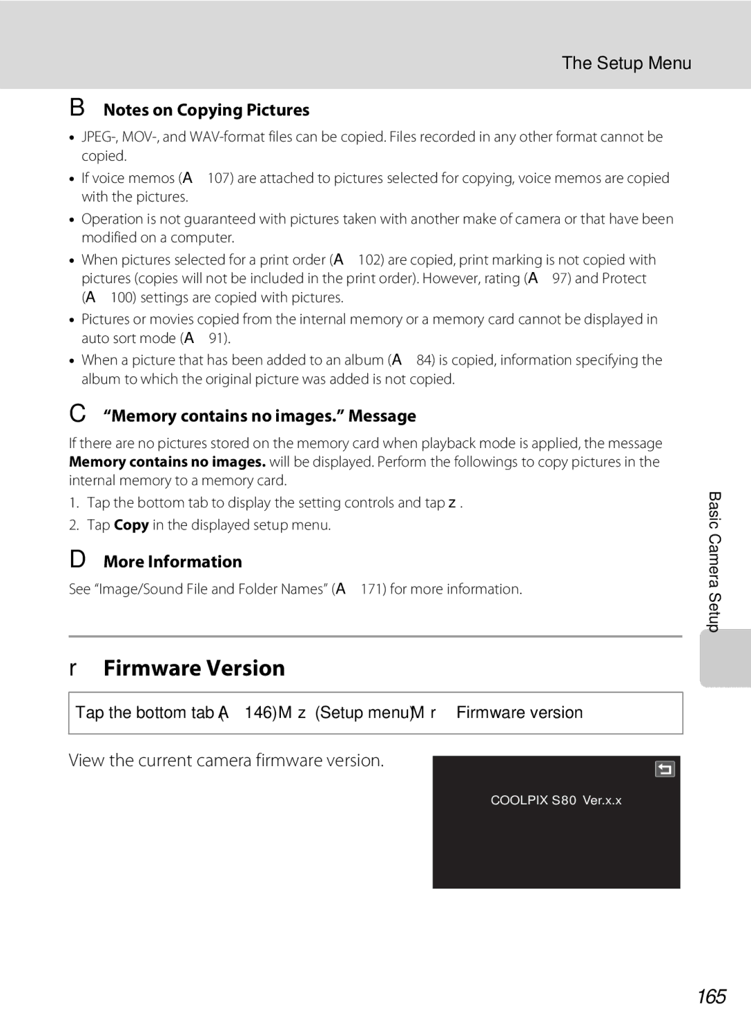 Nikon COOLPIXS80BLUE RFirmware Version, 165, Memory contains no images. Message, View the current camera firmware version 