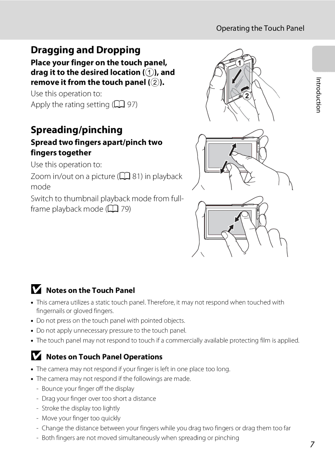 Nikon COOLPIXS80SIL, COOLPIXS80BK, COOLPIXS80BLUE Dragging and Dropping, Spreading/pinching, Operating the Touch Panel 