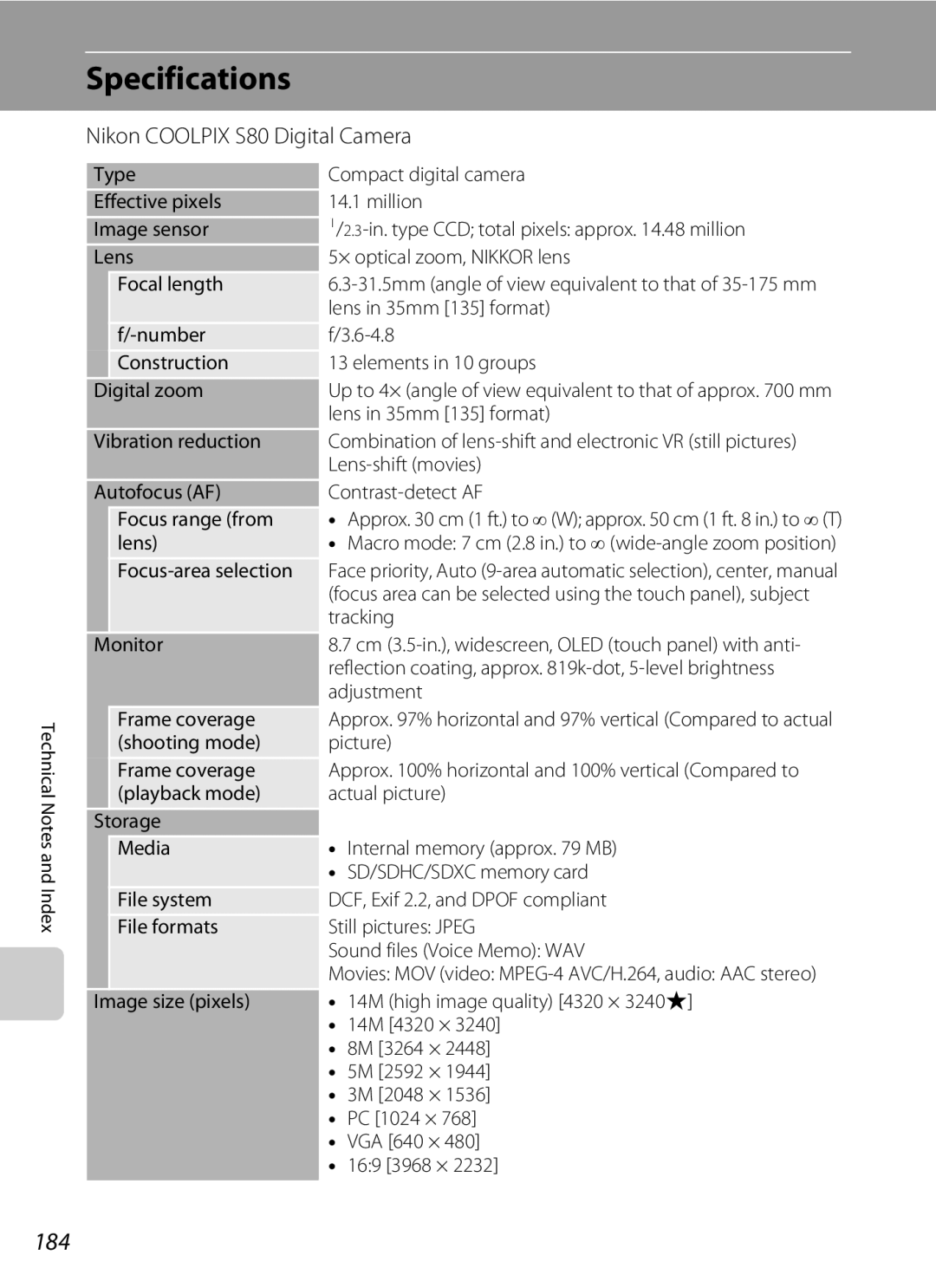 Nikon COOLPIXS80BK, COOLPIXS80BLUE, COOLPIXS80RD, COOLPIXS80SIL Specifications, 184, Nikon Coolpix S80 Digital Camera 