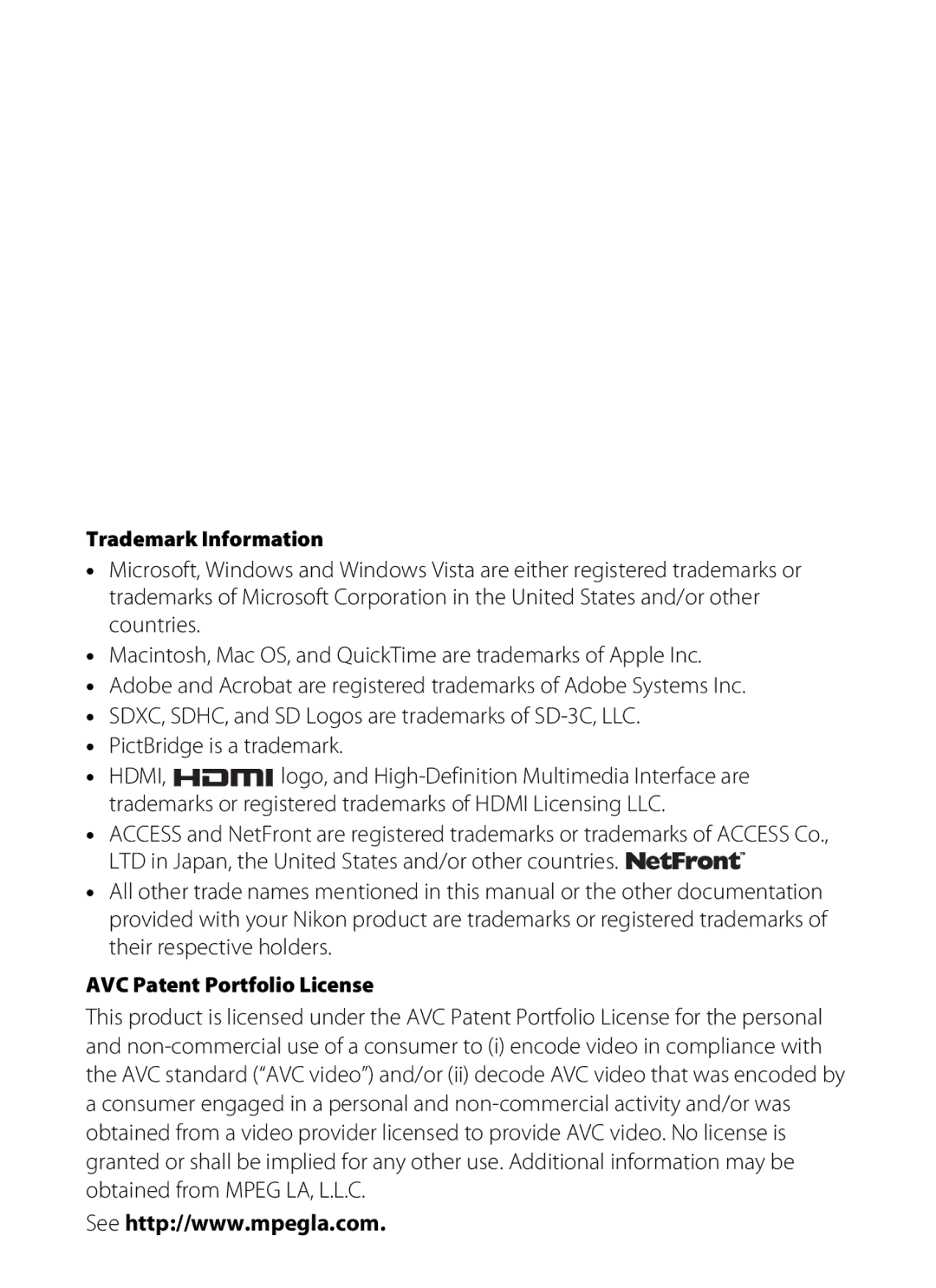 Nikon COOLPIXS80BLUE, COOLPIXS80BK, COOLPIXS80RD, COOLPIXS80SIL Trademark Information, AVC Patent Portfolio License 