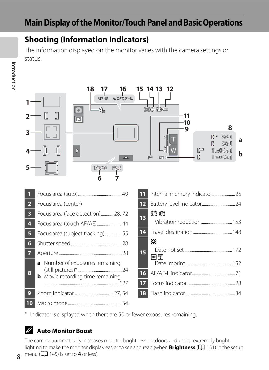 Nikon COOLPIXS80BK, COOLPIXS80BLUE, COOLPIXS80RD, COOLPIXS80SIL Shooting Information Indicators, Auto Monitor Boost 