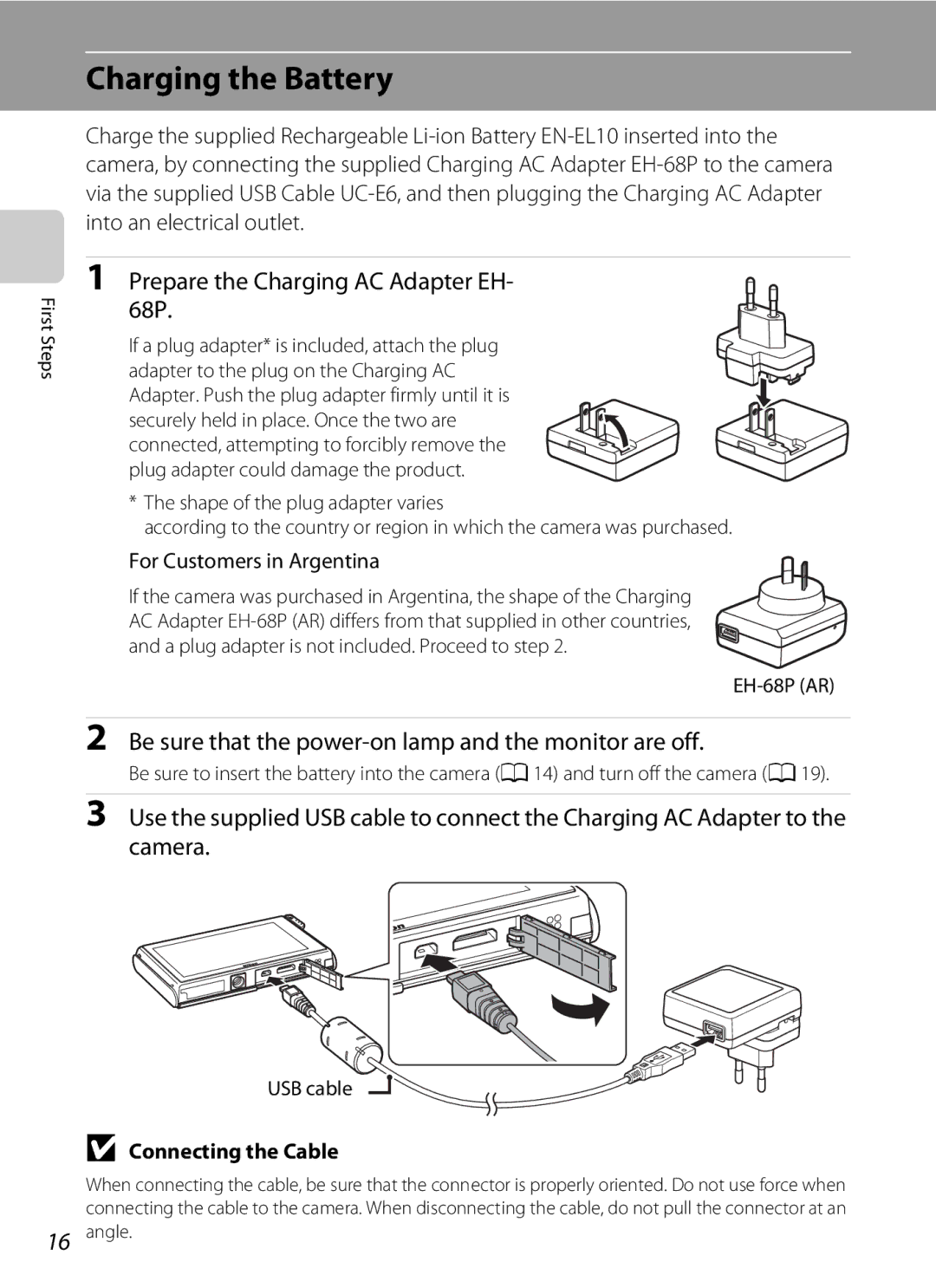 Nikon COOLPIXS80RD, COOLPIXS80BK Charging the Battery, Prepare the Charging AC Adapter EH 68P, For Customers in Argentina 