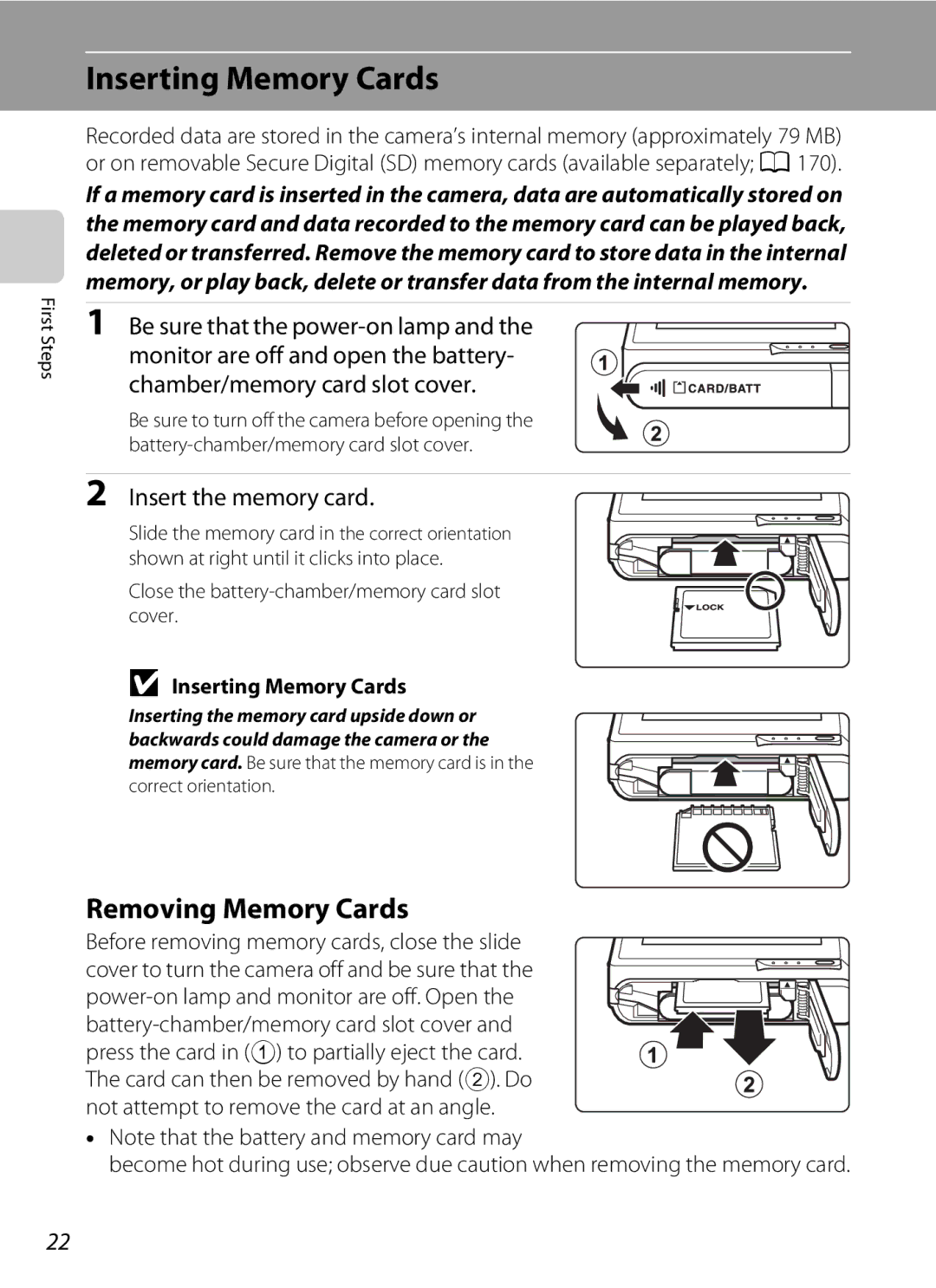 Nikon COOLPIXS80SIL Inserting Memory Cards, Removing Memory Cards, Be sure that the power-on lamp, Insert the memory card 