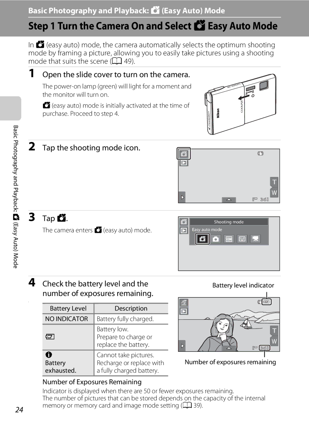 Nikon COOLPIXS80BK, COOLPIXS80RD Tap the shooting mode icon, Tap G, Check the battery level, Number of exposures remaining 