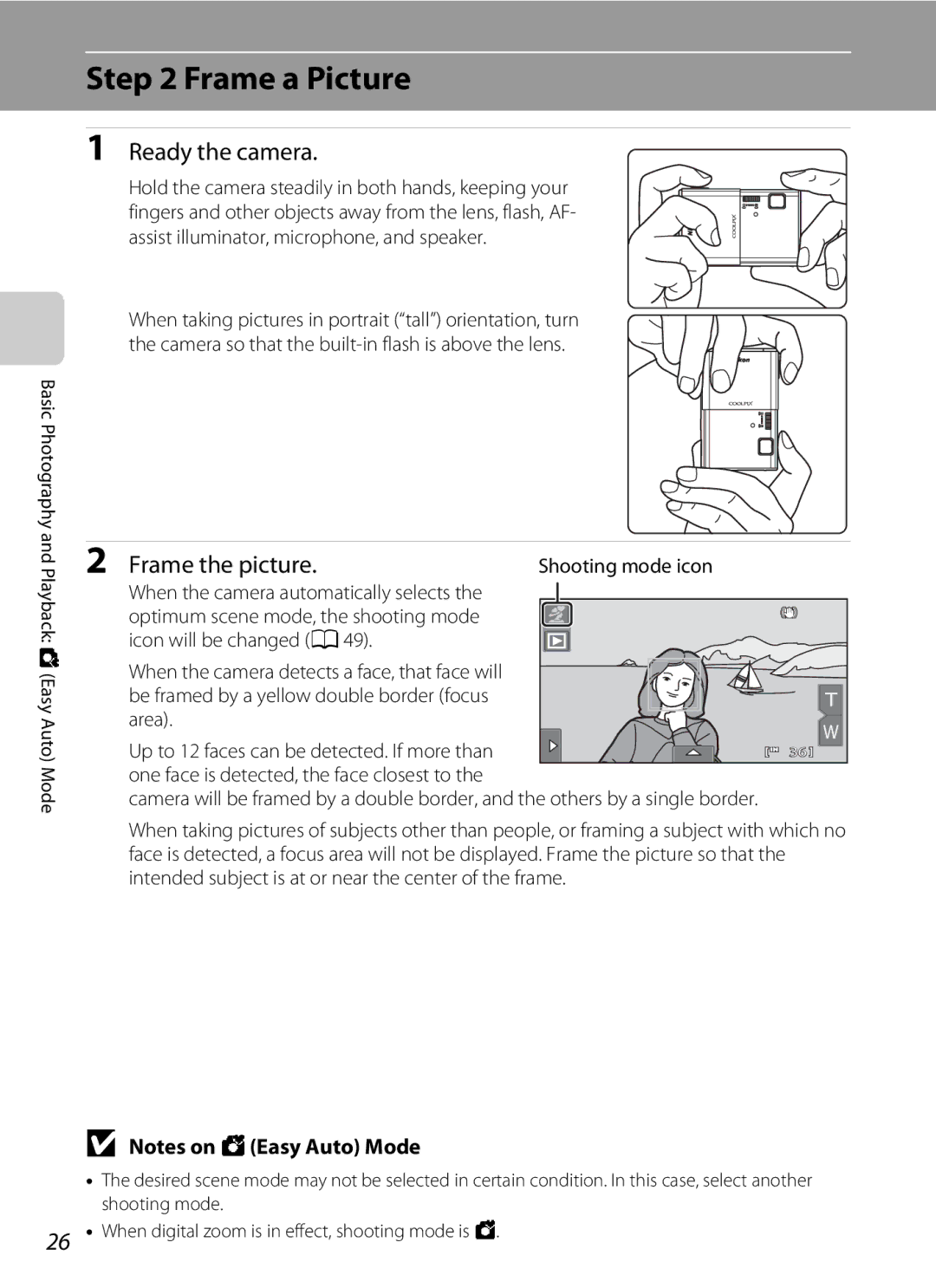 Nikon COOLPIXS80RD, COOLPIXS80BK user manual Frame a Picture, Ready the camera, Frame the picture, Shooting mode icon, Area 