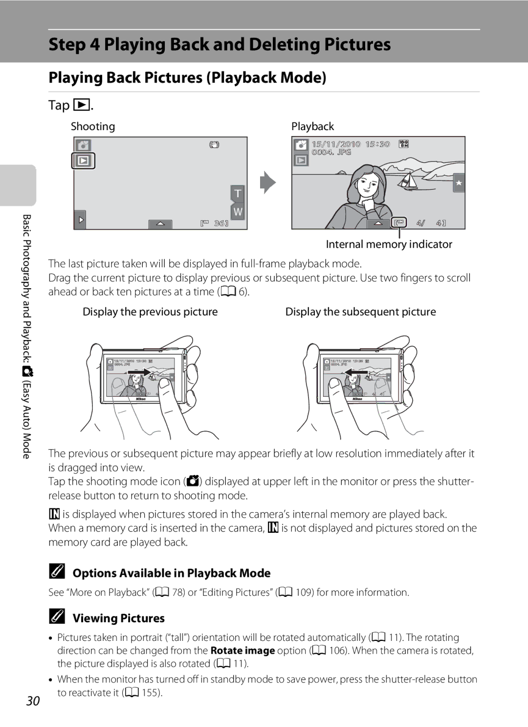 Nikon COOLPIXS80BLUE Playing Back and Deleting Pictures, Playing Back Pictures Playback Mode, Tap c, Viewing Pictures 