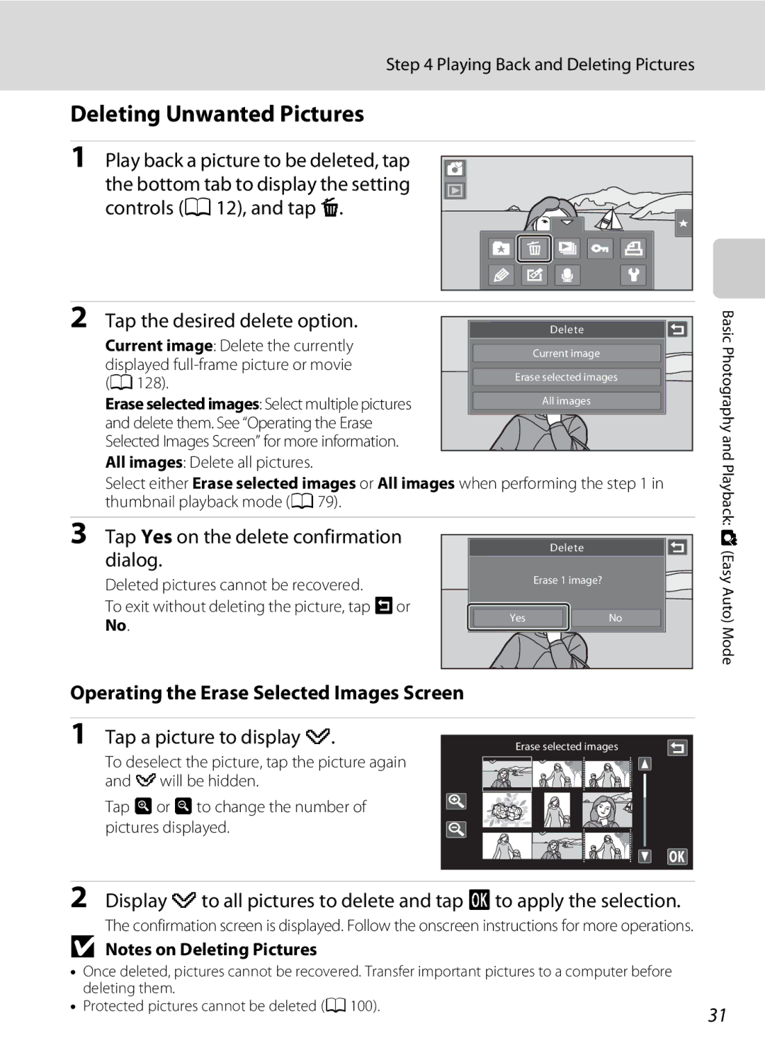 Nikon COOLPIXS80RD Deleting Unwanted Pictures, Operating the Erase Selected Images Screen, Tap a picture to display y 