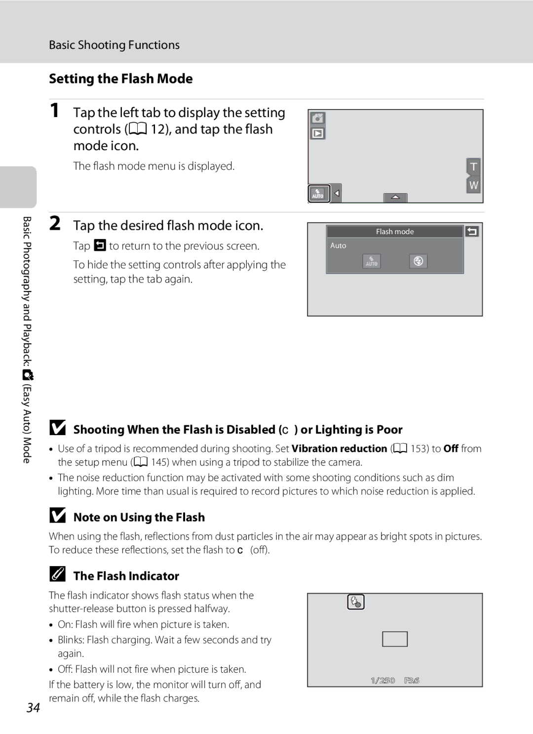 Nikon COOLPIXS80BK Setting the Flash Mode, Tap the desired flash mode icon, Flash Indicator, Flash mode menu is displayed 