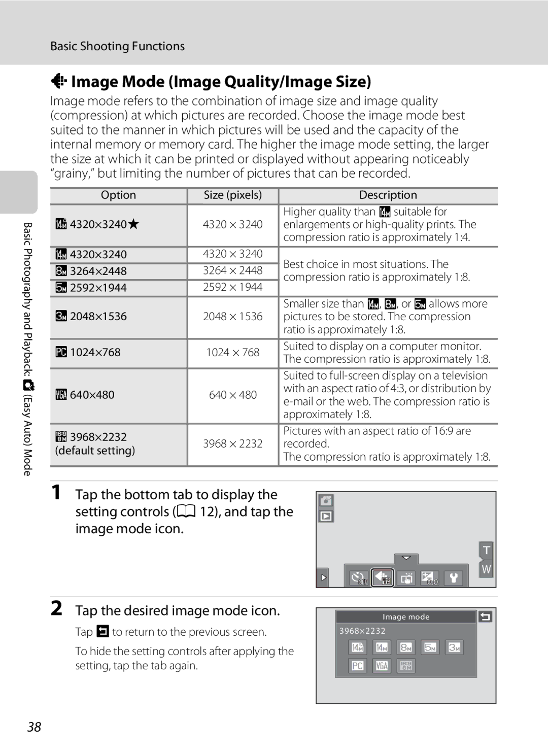 Nikon COOLPIXS80BK, COOLPIXS80BLUE, COOLPIXS80RD AImage Mode Image Quality/Image Size, Tap the desired image mode icon 