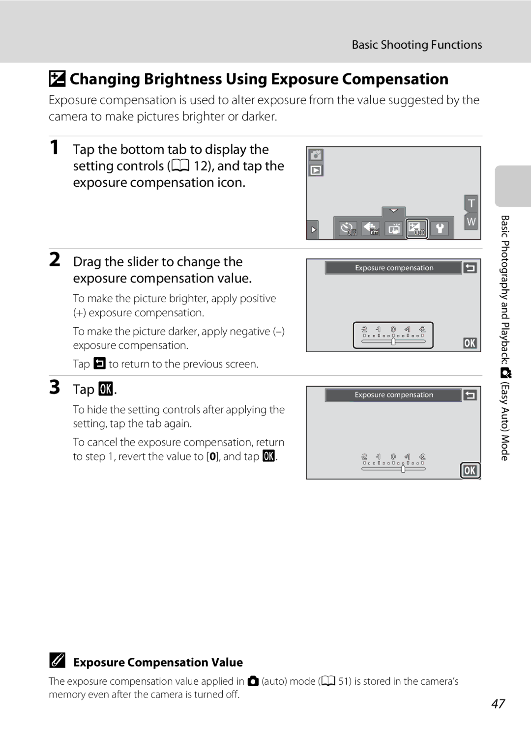 Nikon COOLPIXS80SIL, COOLPIXS80BK user manual OChanging Brightness Using Exposure Compensation, Exposure Compensation Value 