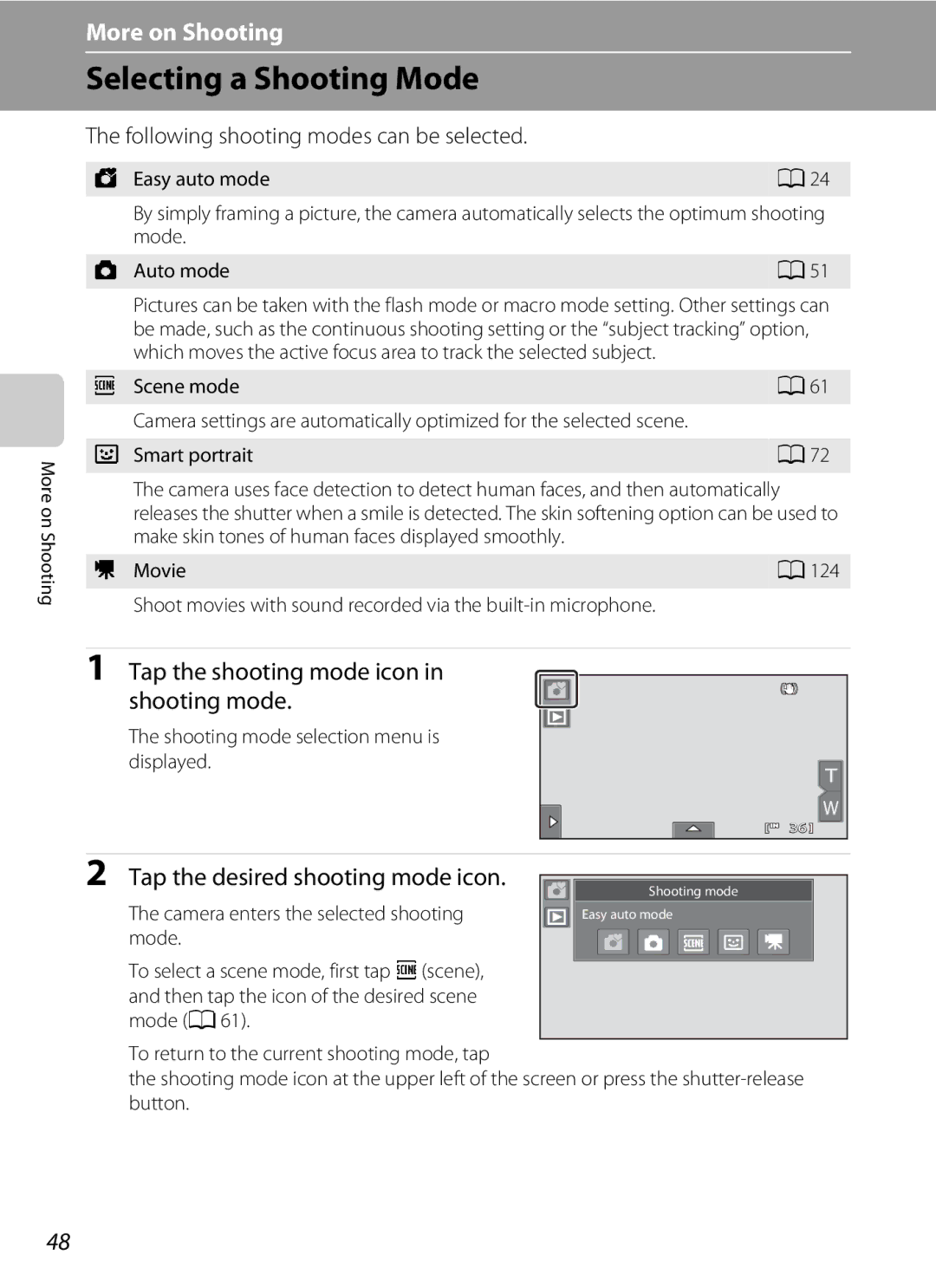 Nikon S80 Selecting a Shooting Mode, Tap the shooting mode icon Shooting mode, Tap the desired shooting mode icon 