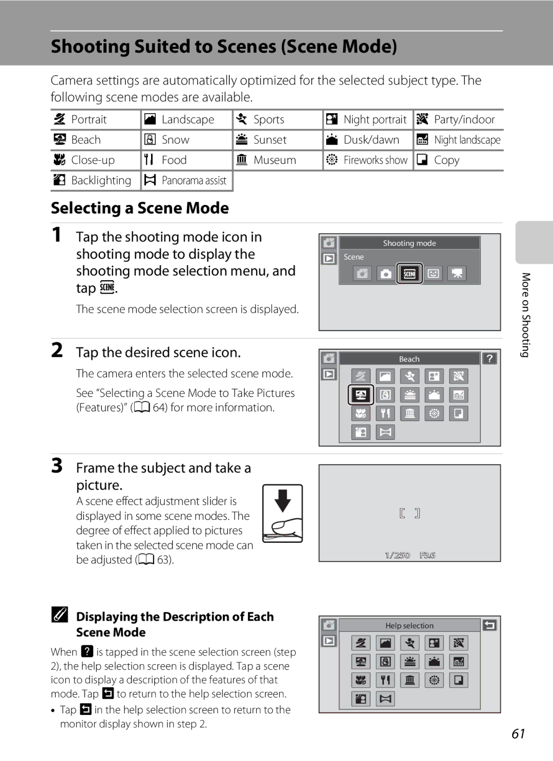 Nikon COOLPIXS80RD, COOLPIXS80BK Shooting Suited to Scenes Scene Mode, Selecting a Scene Mode, Shooting mode to display 