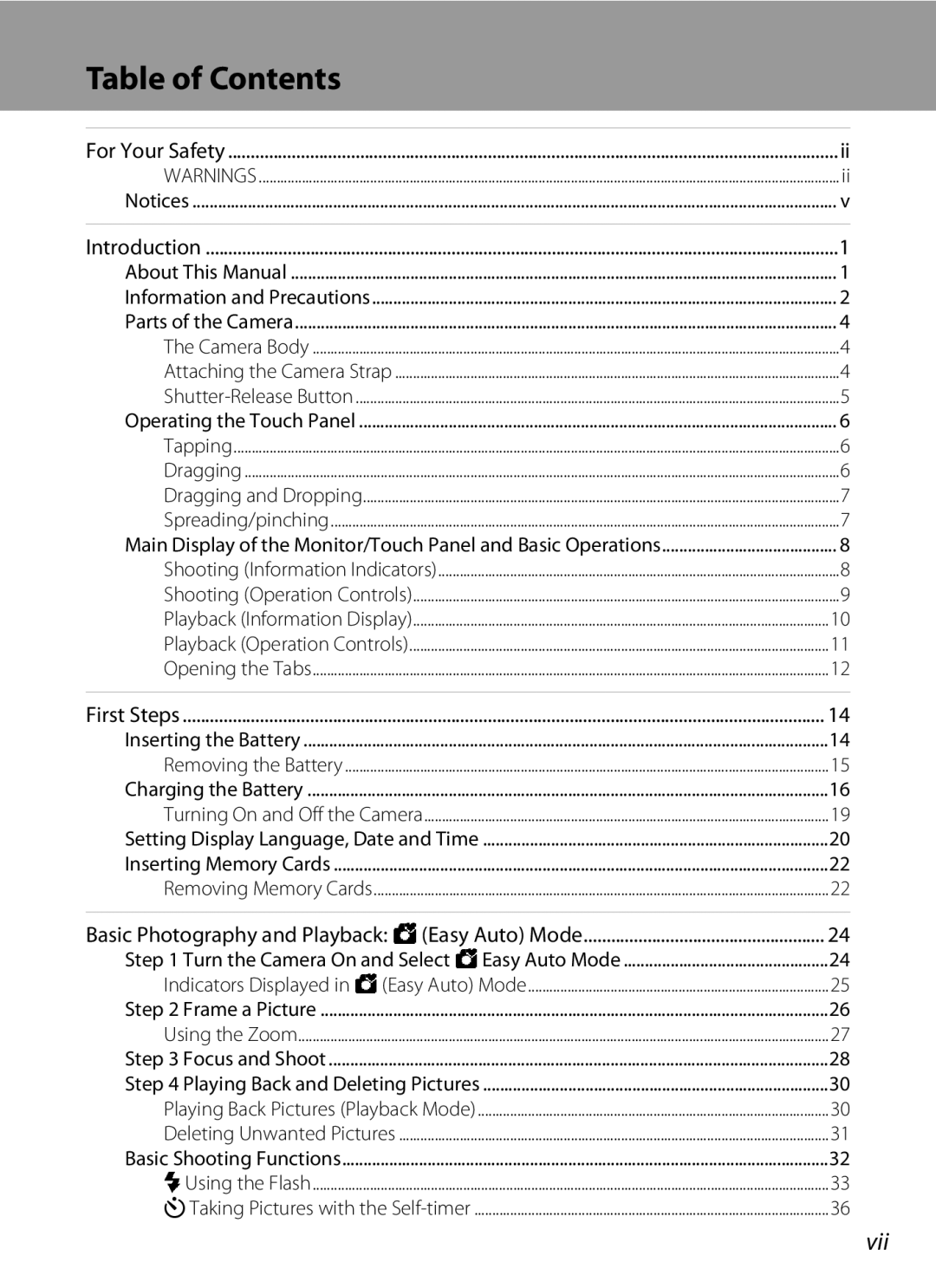 Nikon COOLPIXS80SIL, COOLPIXS80BK, COOLPIXS80BLUE, COOLPIXS80RD user manual Table of Contents 