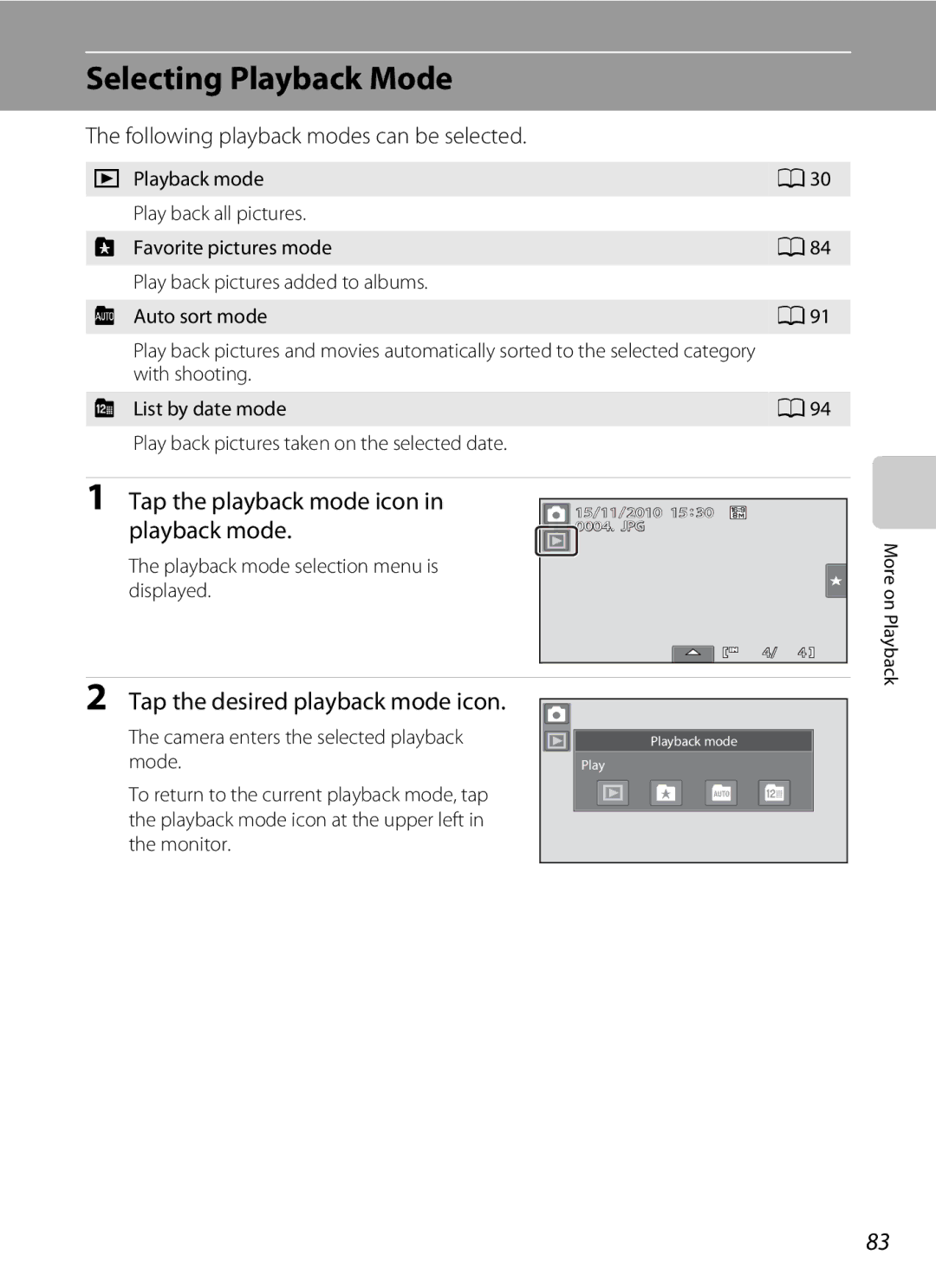 Nikon S80 Selecting Playback Mode, Tap the playback mode icon, Playback mode, Tap the desired playback mode icon 