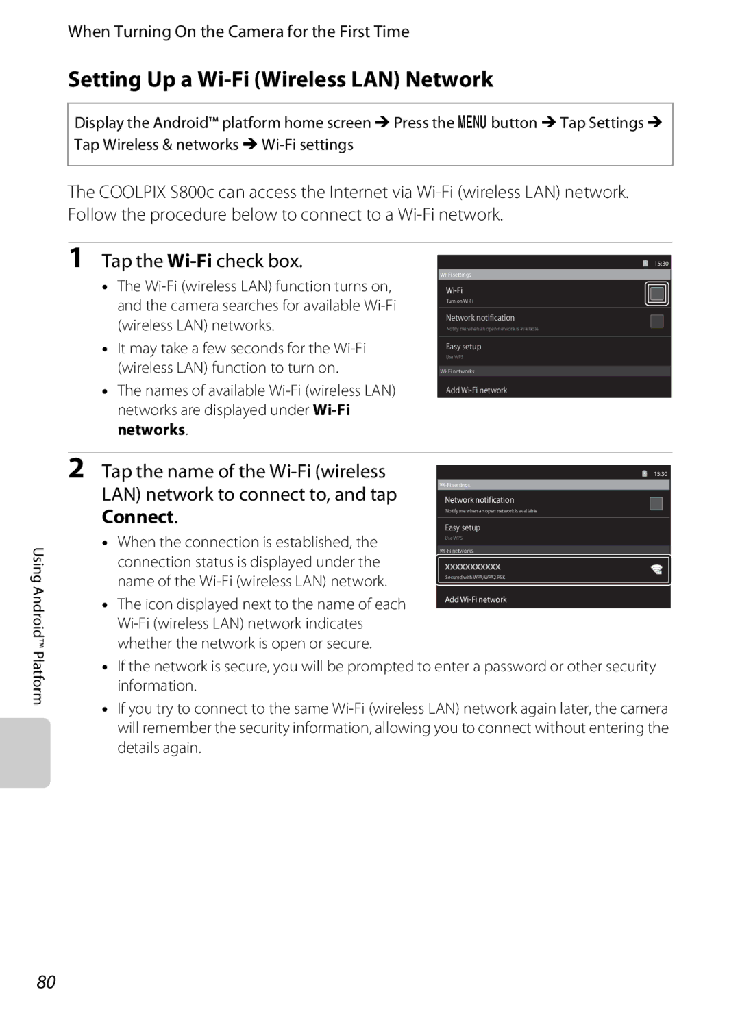 Nikon S800c Setting Up a Wi-Fi Wireless LAN Network, Tap the Wi-Ficheck box, When Turning On the Camera for the First Time 