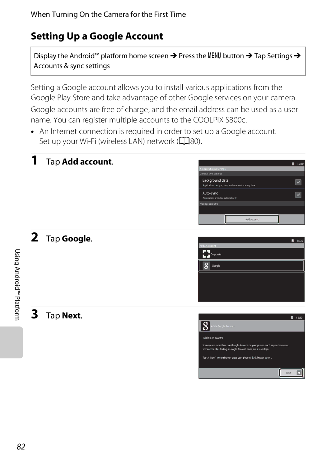 Nikon S800c manual Setting Up a Google Account, Tap Add account 