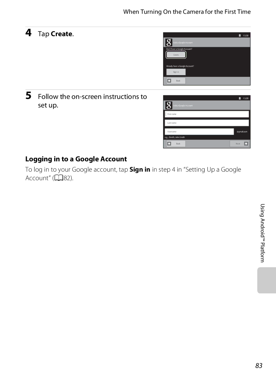 Nikon S800c manual Tap Create, Logging in to a Google Account 