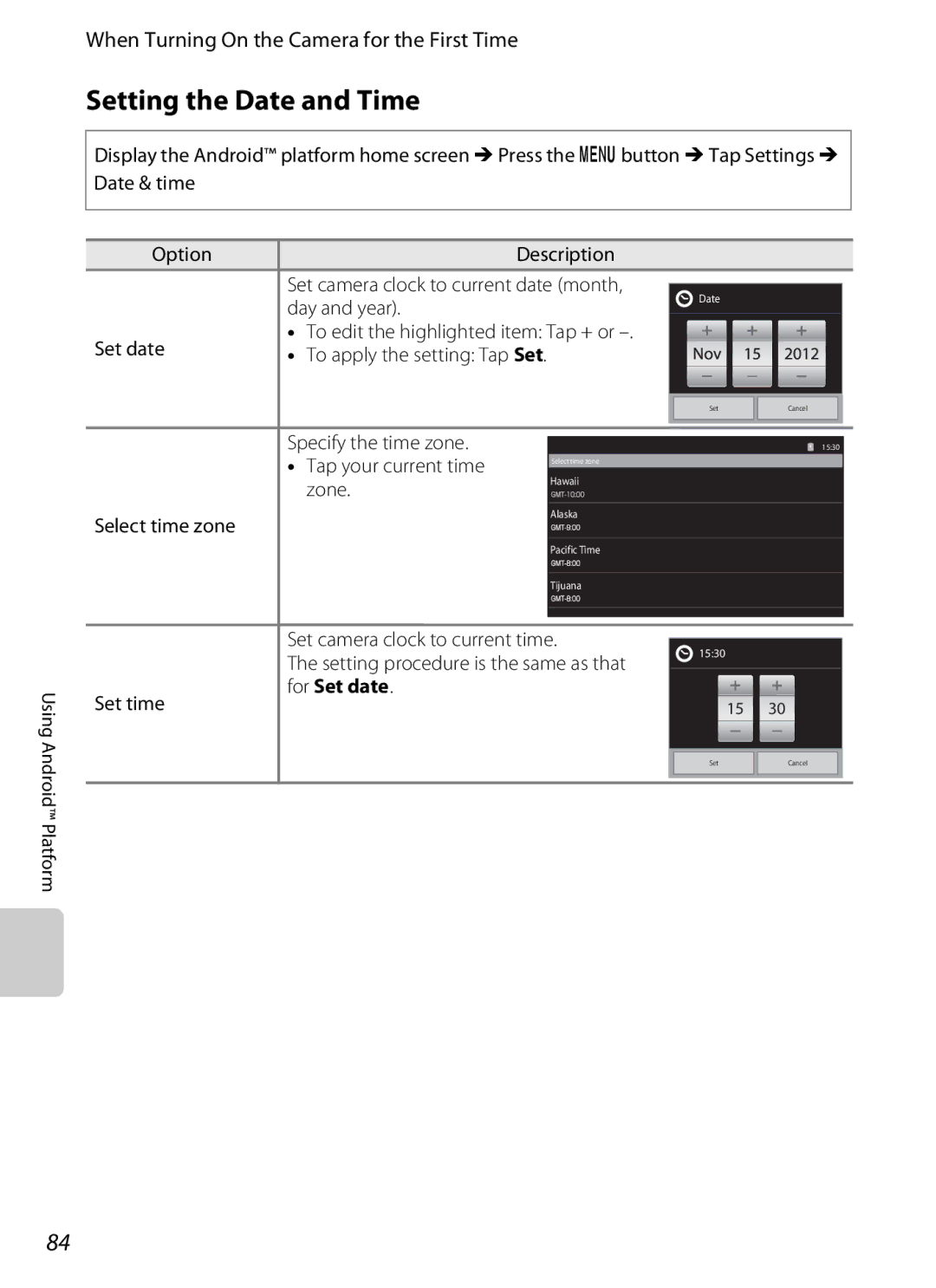 Nikon S800c manual Setting the Date and Time, Specify the time zone, Tap your current time, Zone, Select time zone 