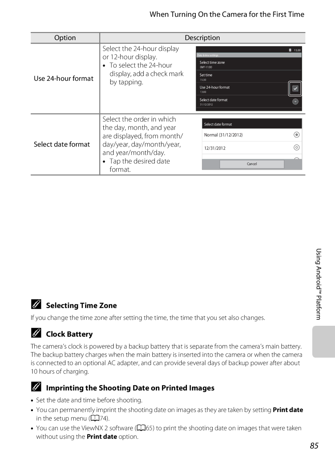 Nikon S800c manual Selecting Time Zone, Clock Battery, Imprinting the Shooting Date on Printed Images 