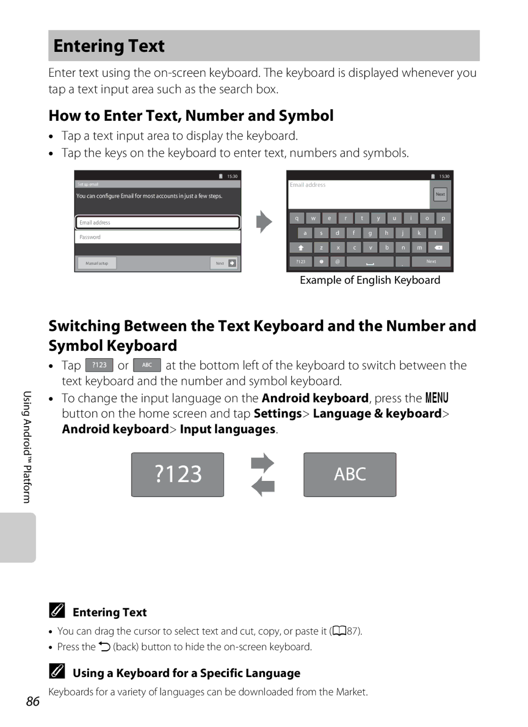 Nikon S800c manual Entering Text, How to Enter Text, Number and Symbol, Using a Keyboard for a Specific Language 