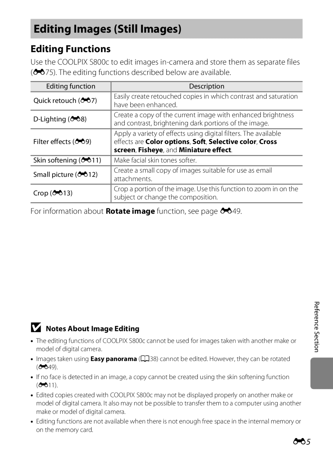 Nikon S800c Editing Images Still Images, Editing Functions, For information about Rotate image function, see page E49 