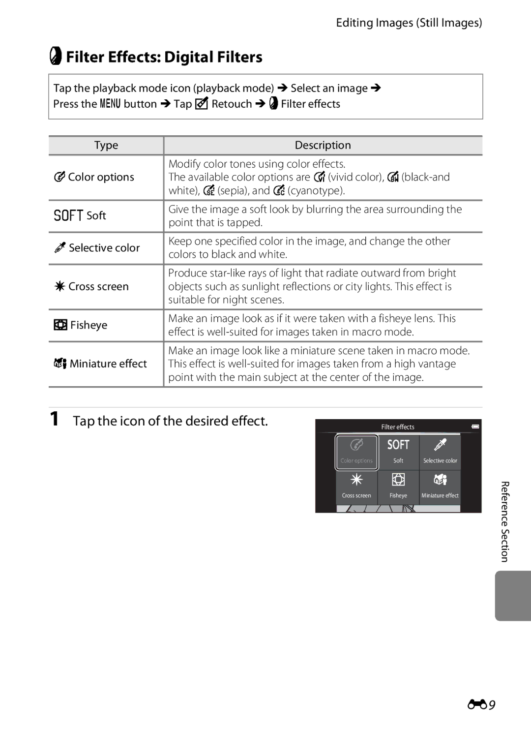 Nikon S800c manual IFilter Effects Digital Filters, Tap the icon of the desired effect 