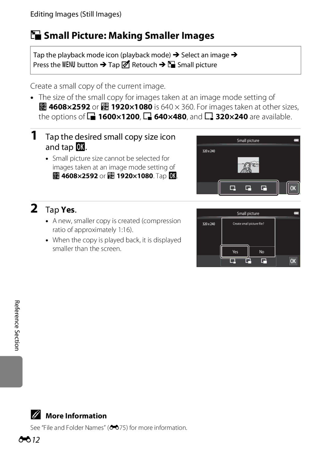 Nikon S800c manual GSmall Picture Making Smaller Images, Tap the desired small copy size icon and tap, E12 