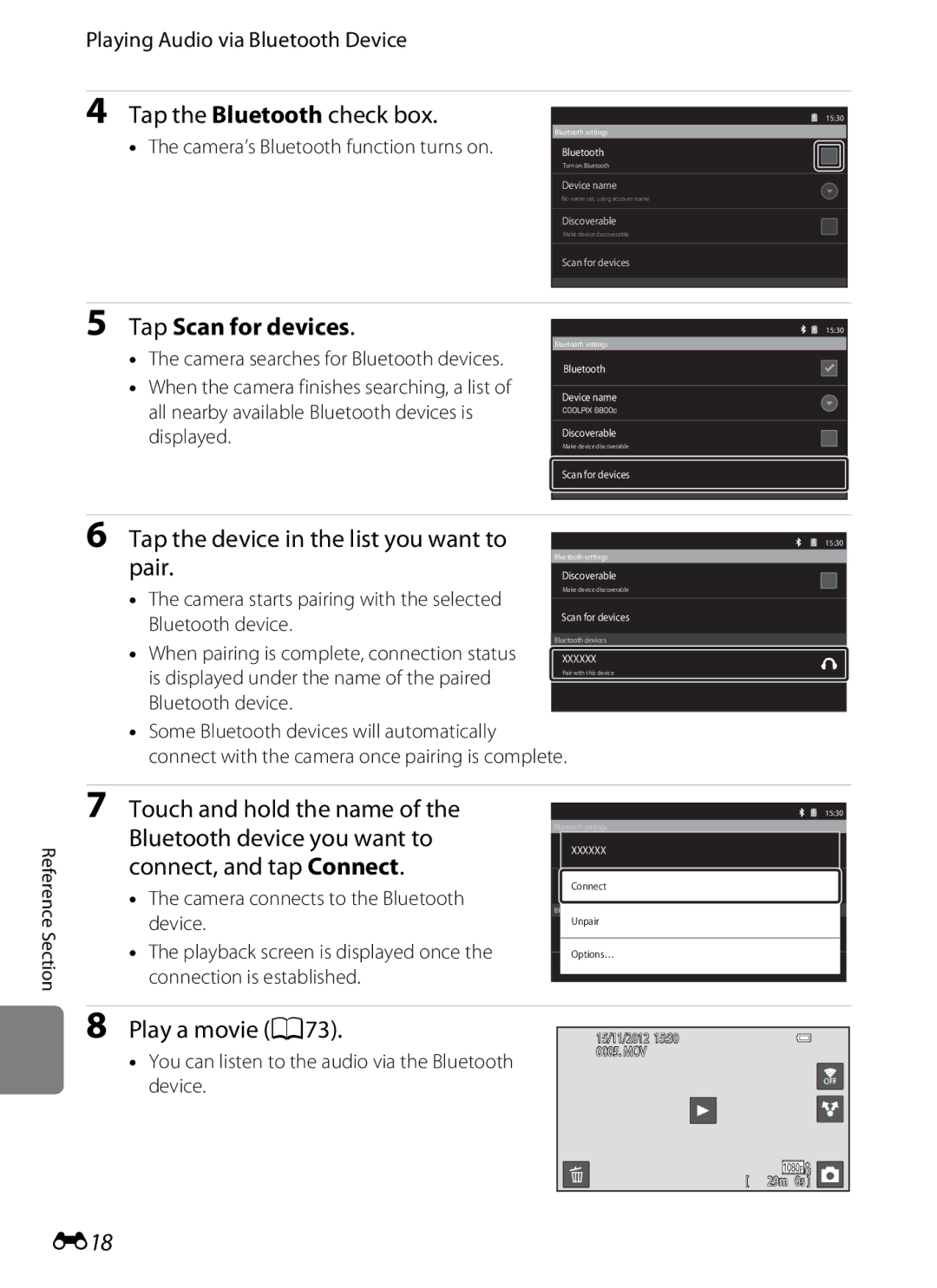 Nikon S800c manual Tap the Bluetooth check box, Tap Scan for devices, Tap the device in the list you want to pair, E18 