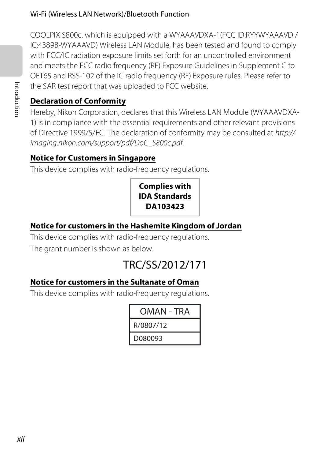 Nikon S800c manual Xii, Wi-Fi Wireless LAN Network/Bluetooth Function, Complies with IDA Standards DA103423 
