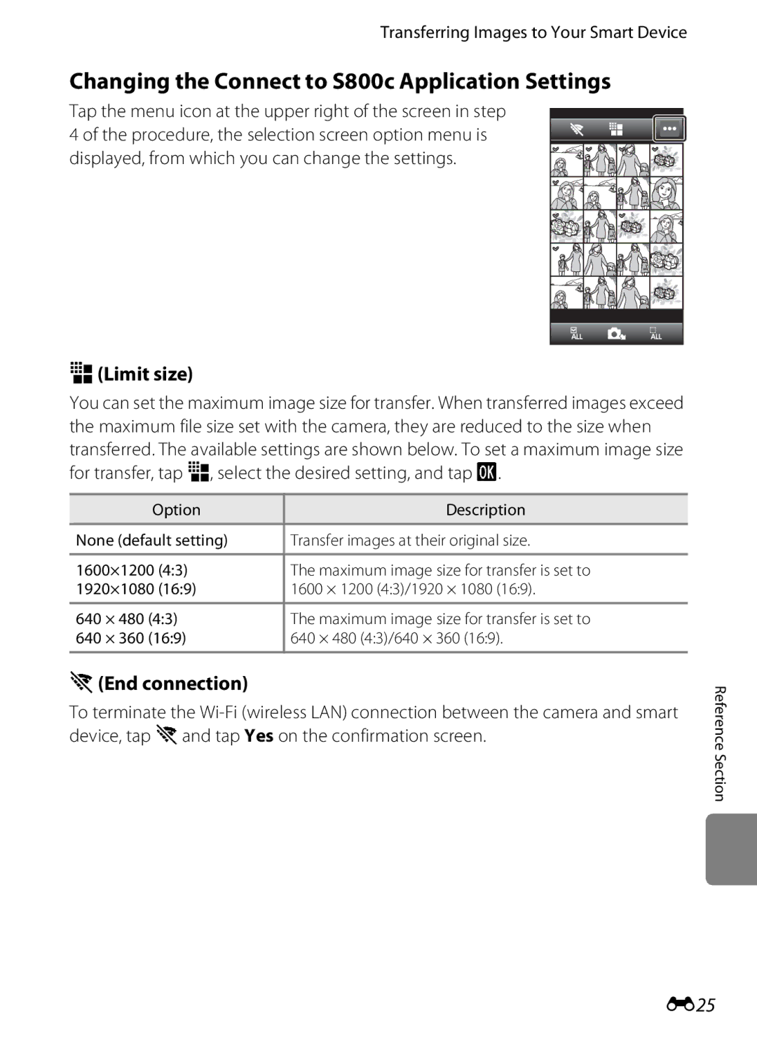 Nikon manual Changing the Connect to S800c Application Settings, ELimit size, AEnd connection, E25 