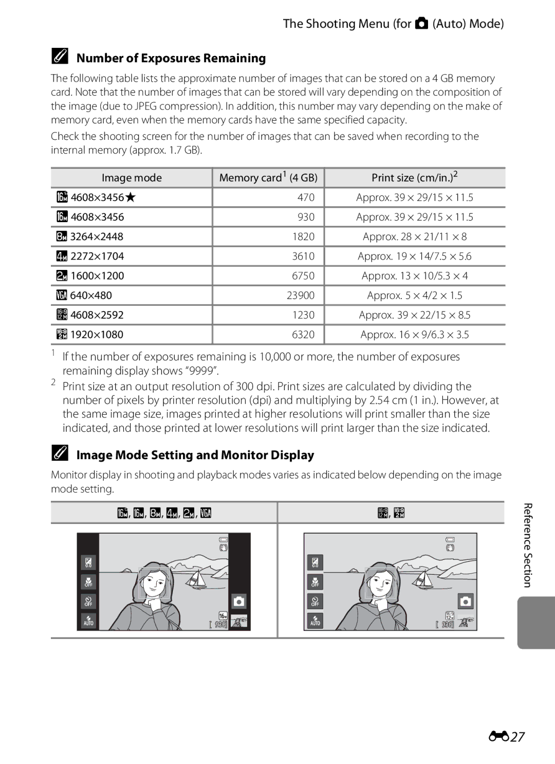 Nikon S800c E27, Shooting Menu for a Auto Mode, Number of Exposures Remaining, Image Mode Setting and Monitor Display 