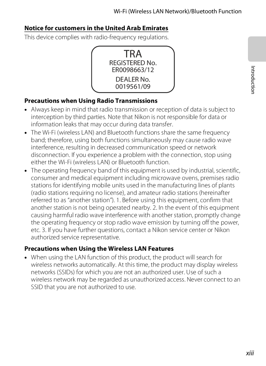 Nikon S800c manual Xiii, Precautions when Using Radio Transmissions, Precautions when Using the Wireless LAN Features 