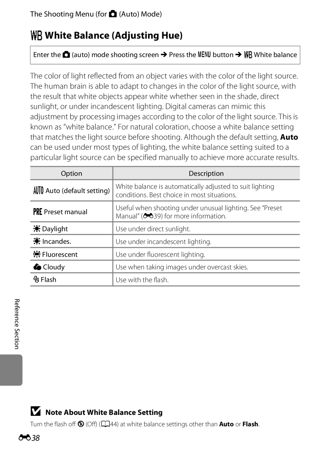 Nikon S800c manual WWhite Balance Adjusting Hue, E38, Manual E39 for more information 