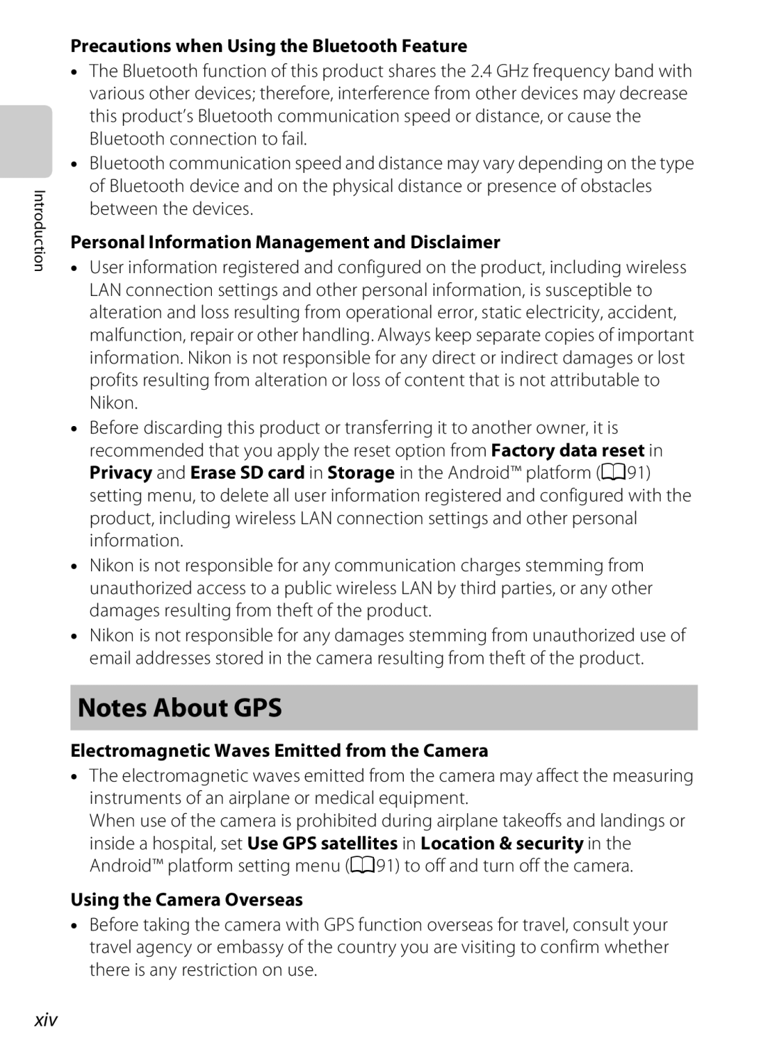 Nikon S800c manual Xiv, Precautions when Using the Bluetooth Feature, Personal Information Management and Disclaimer 