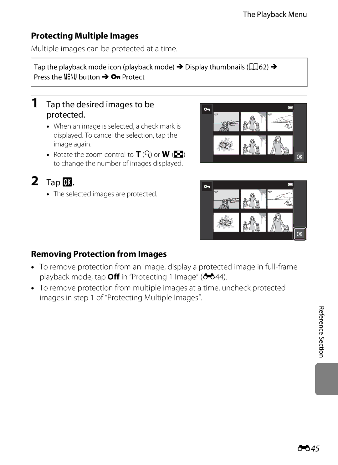 Nikon S800c manual Protecting Multiple Images, Tap the desired images to be Protected, Removing Protection from Images, E45 