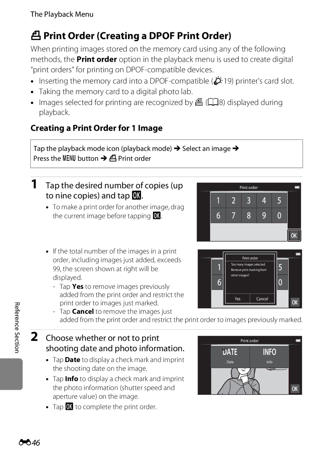 Nikon S800c manual APrint Order Creating a Dpof Print Order, Creating a Print Order for 1 Image, E46 