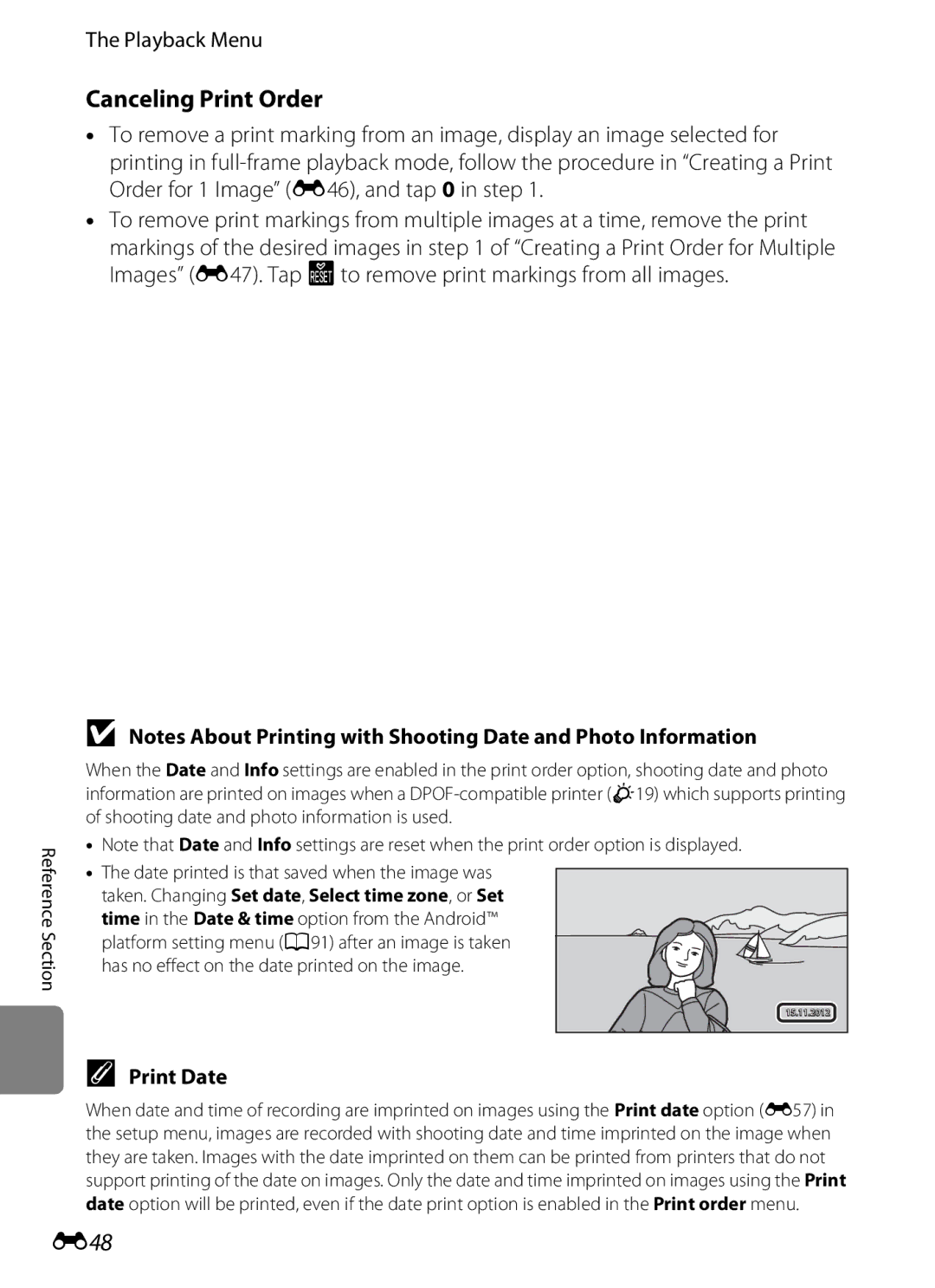 Nikon S800c manual Canceling Print Order, E48, Print Date 