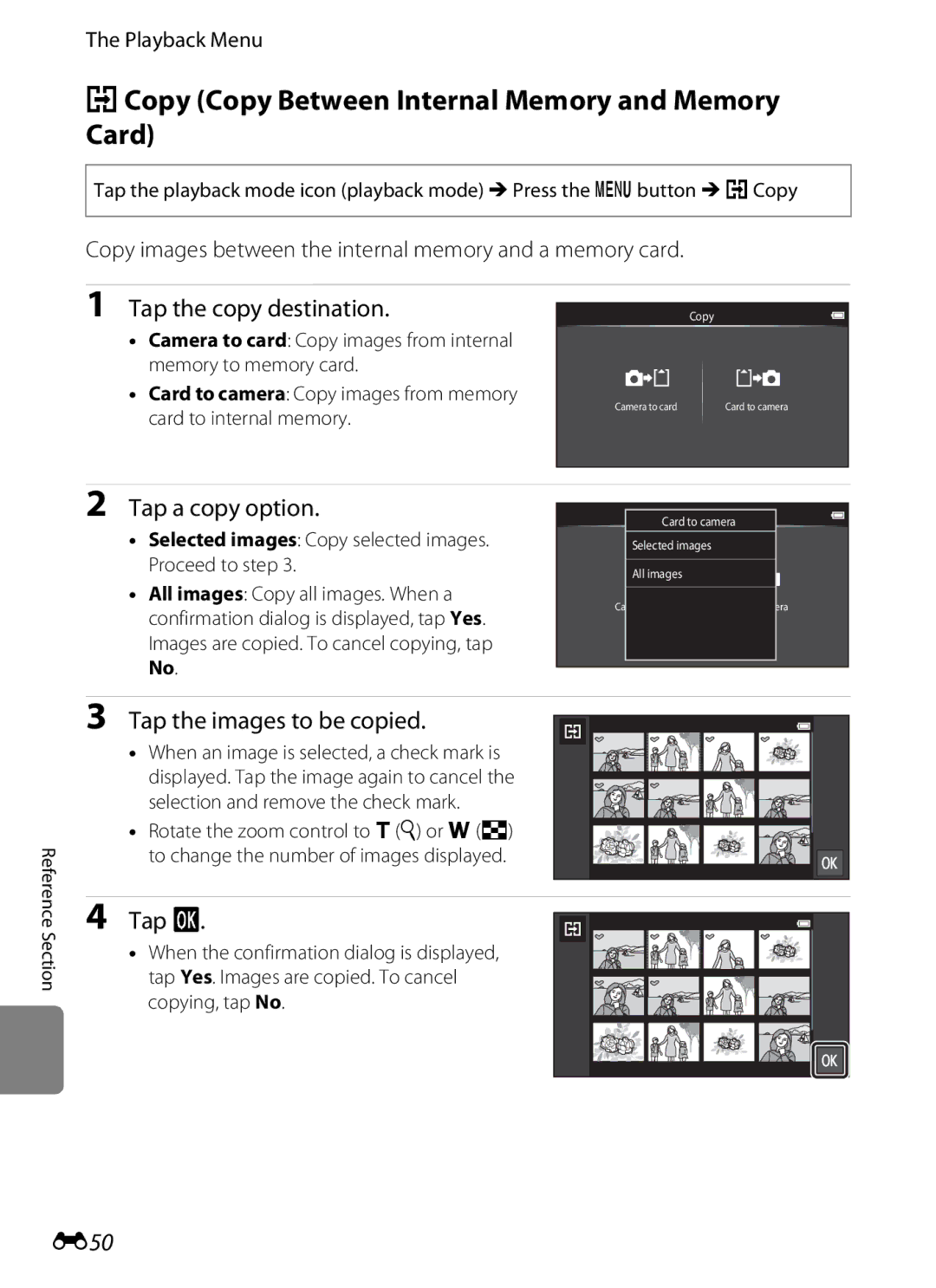 Nikon S800c manual HCopy Copy Between Internal Memory and Memory Card, Tap the copy destination, Tap a copy option, E50 