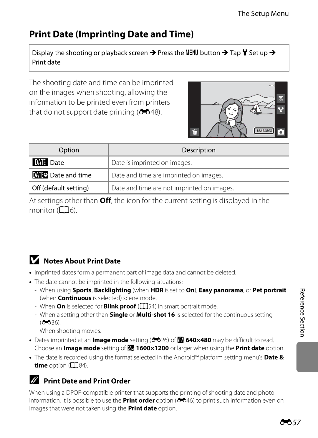 Nikon S800c manual Print Date Imprinting Date and Time, E57, Print Date and Print Order 