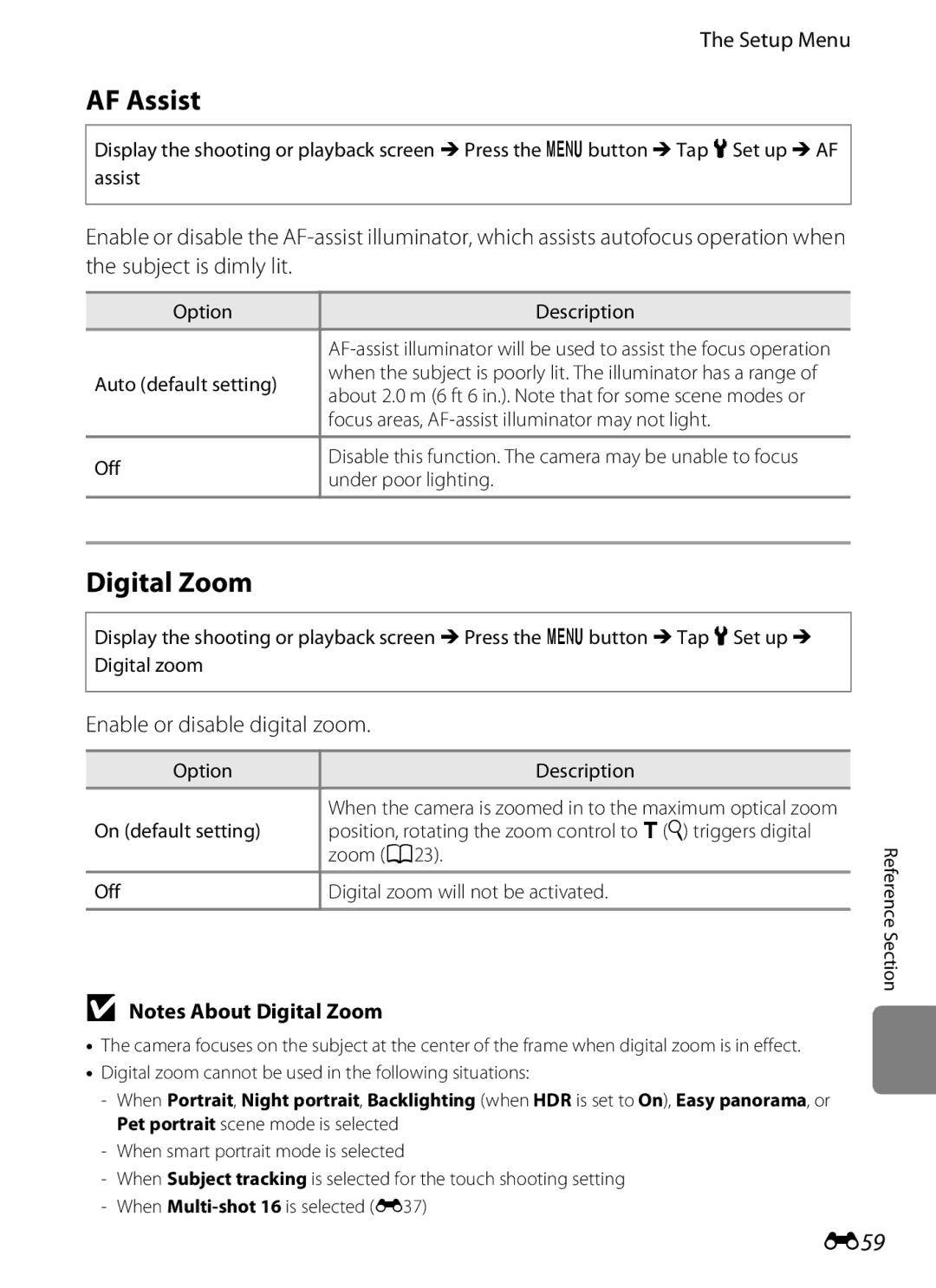 Nikon S800c manual AF Assist, Digital Zoom, E59, Enable or disable digital zoom 