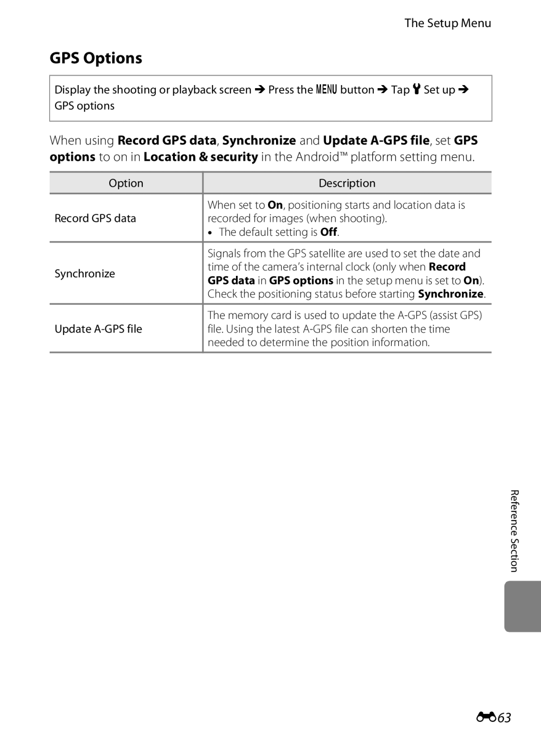 Nikon S800c manual GPS Options, E63, Synchronize, Update A-GPS file, Needed to determine the position information 