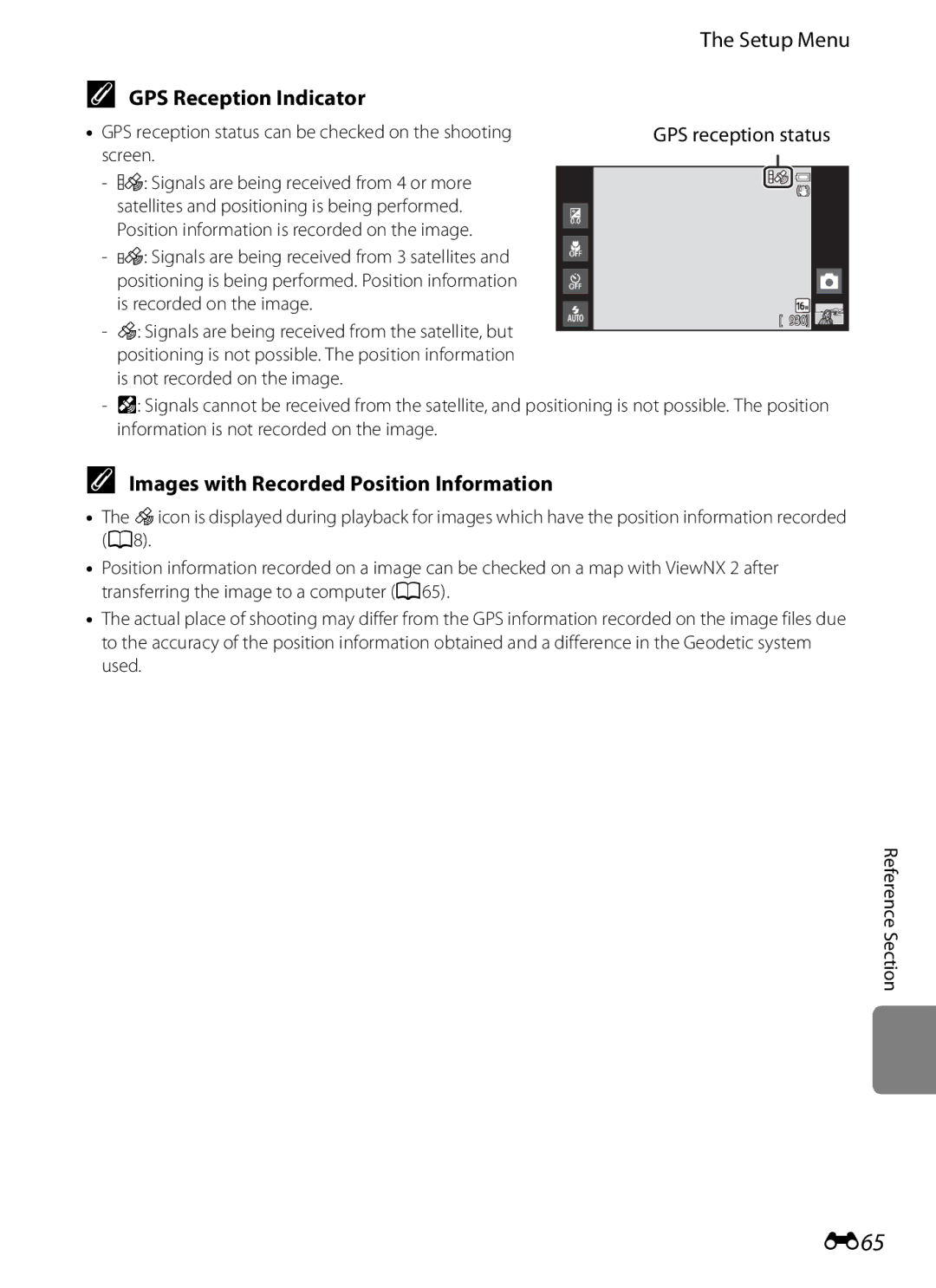 Nikon S800c manual E65, GPS Reception Indicator, Images with Recorded Position Information 