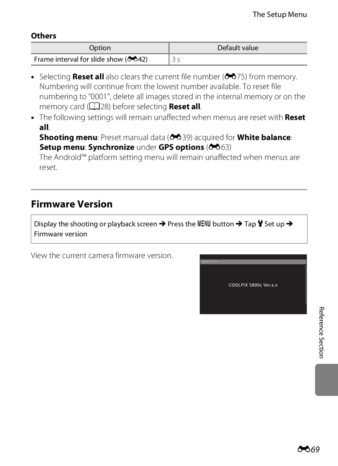 Nikon S800c manual Firmware Version, E69, Others, All, Setup menu Synchronize under GPS options E63 