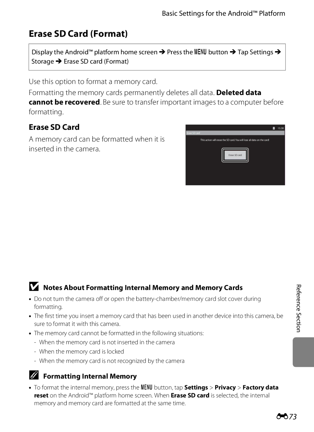 Nikon S800c manual Erase SD Card Format, E73, Formatting Internal Memory 