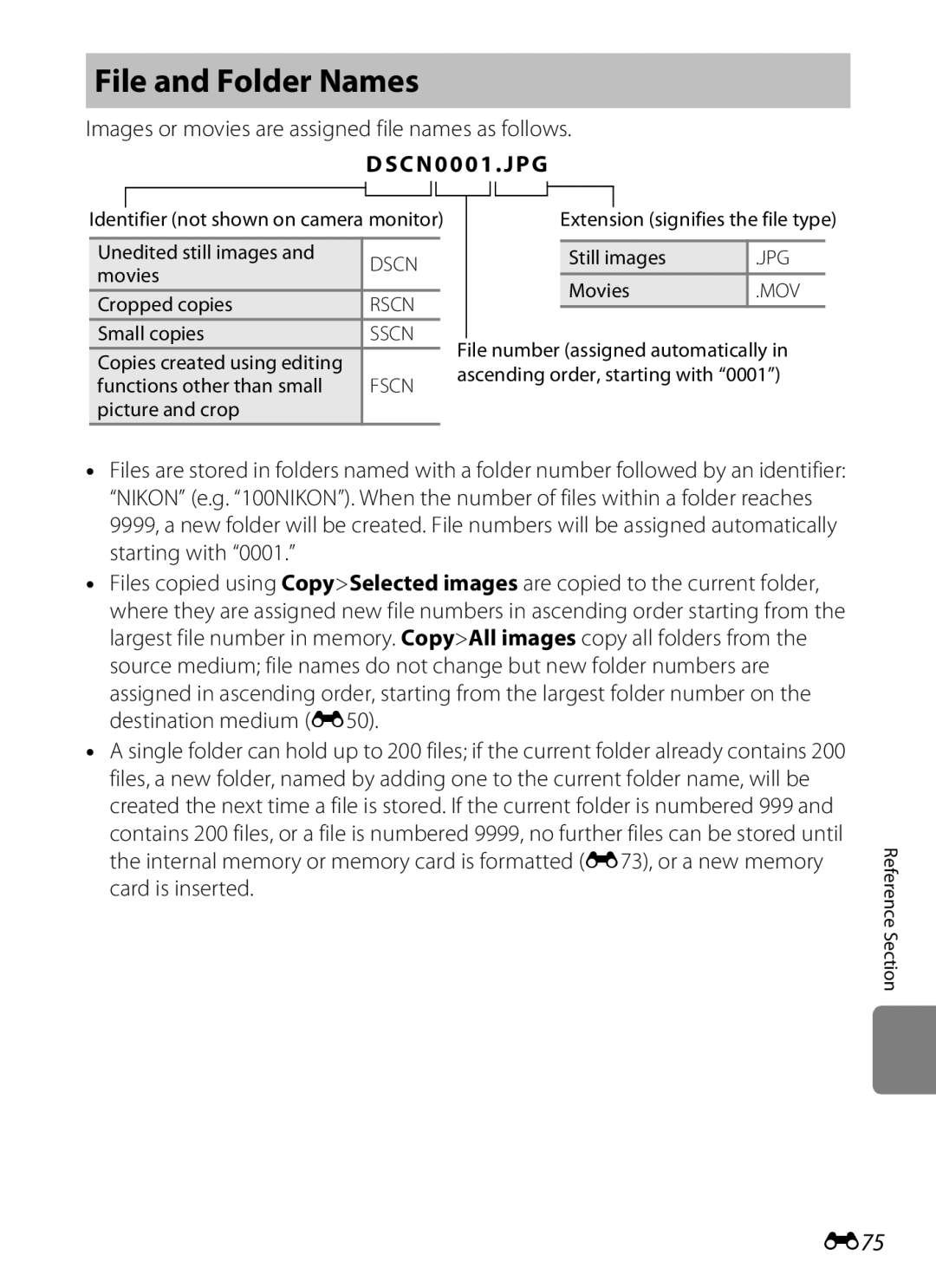 Nikon S800c manual File and Folder Names, E75, Images or movies are assigned file names as follows, Dscn 000 1 .JPG 